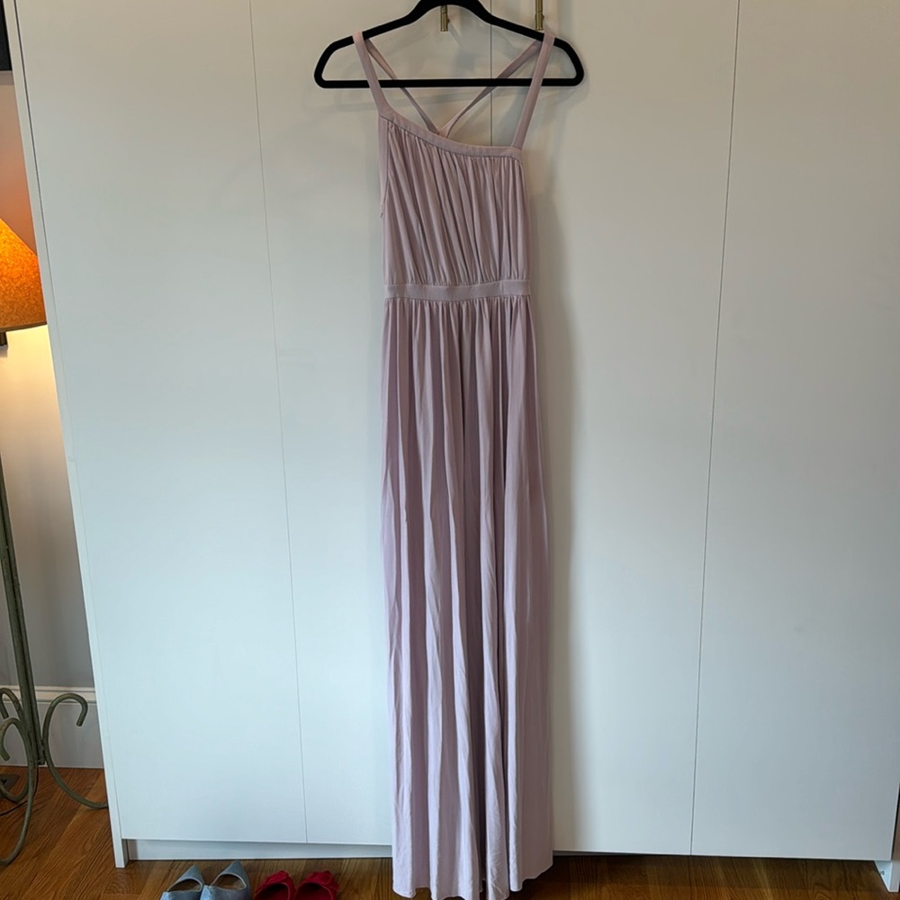 Lavender maxi dress with asymmetrical front and cross back